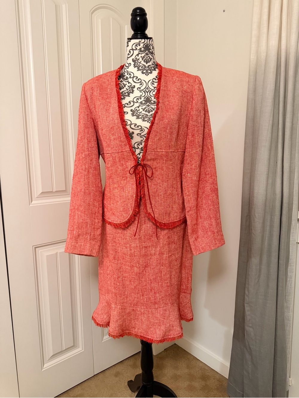 Vintage Louben Coral Linen Skirt Suit Set Fringed Shabby Chic Coquette size 10